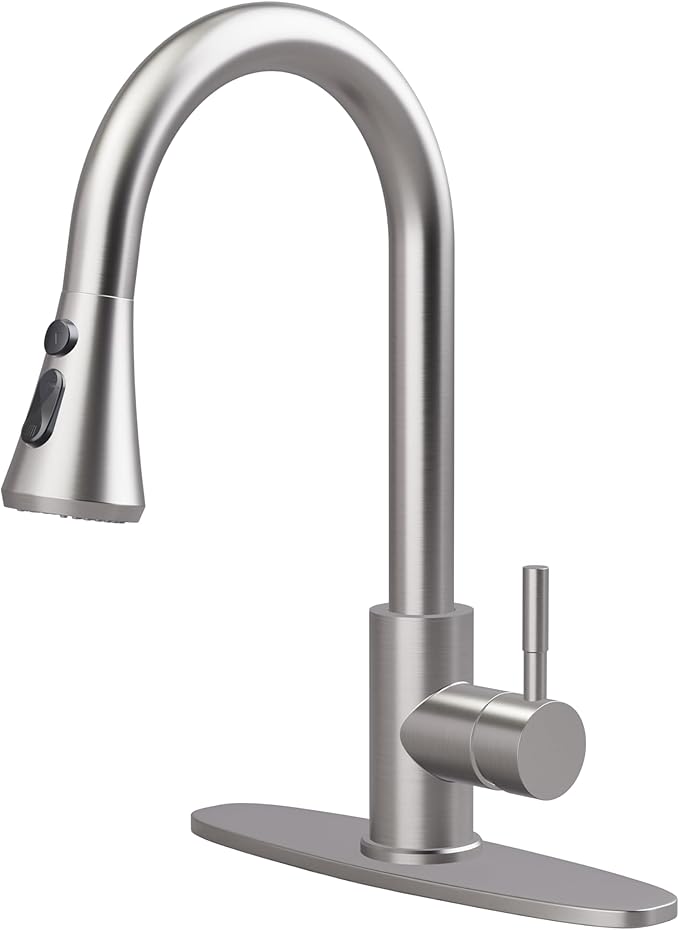 VXV Kitchen Faucets, Brushed Nickel Kitchen Faucet with Pull-Down Sprayer, Stainless Steel Sink Faucet for Farmhouse, RV, and Bar, Pull Out Kitchen Faucet with Deck Plate and 1/2'' Adapters