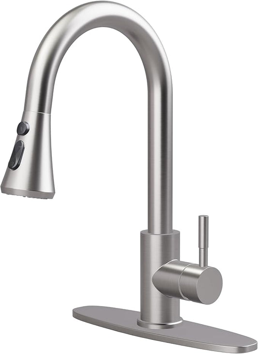 VXV Kitchen Faucets, Brushed Nickel Kitchen Faucet with Pull-Down Sprayer, Stainless Steel Sink Faucet for Farmhouse, RV, and Bar, Pull Out Kitchen Faucet with Deck Plate and 1/2'' Adapters