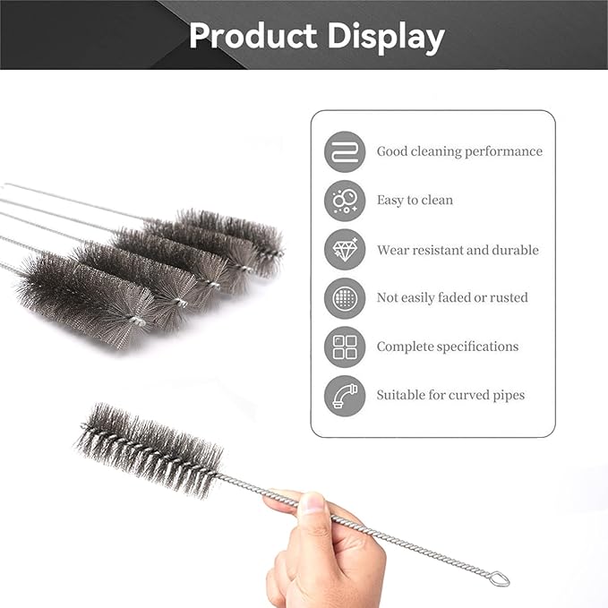 12 Inch Pipe Cleaning Brush Set with Stainless Steel Bristles, Steel Wire Tube Brush Kit for Auto Parts Polishing, Machining, Bottles, Tubes, Etc.（40mm-5pcs）