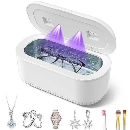 48Khz Ultrasonic Jewelry Cleaner, 30W Ultrasonic Cleaner with 2 UV Lights and Toothbrush Holder, 3 Modes Jewelry Cleaner Ultrasonic Machine with Digital Timer, 12OZ Pod for Eyeglasses (Off White)