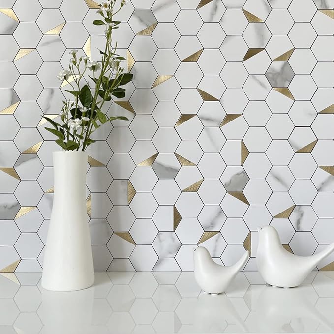 DICOFUN 1 Hexagon Tile Peel and Stick Backsplash, White Marble Look PVC Mixed Golden Metal Mosaic Tiles