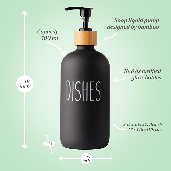 2 Pack Black Glass Soap Dispenser Set, Matte Black Soap Dispenser for Sink, Rustic Kitchen Decor