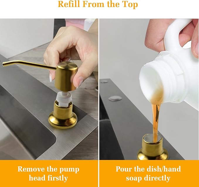 Soap Dispenser for Kitchen Sink, Built in Sink Soap Dispenser Lotion Dispenser with 17 OZ Bottle, Refill from The Top Bar Sink Soap Dispenser, Gold