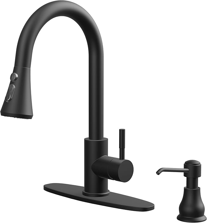 VXV Kitchen Faucet with Soap Dispenser, 3 Modes Kitchen Faucet with Pull Down Sprayer, Stainless Steel Sink Faucet for Farmhouse, Bar, and RV, with Deck Plate and 1/2'' Adapters