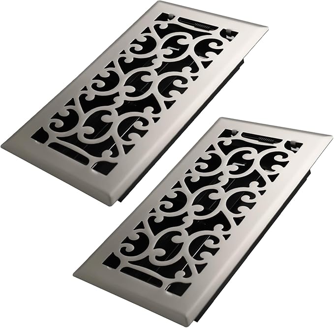 4x8 Inches 2 Pack Heavy Duty Walkable Floor Register - Easy Adjust Air Supply Lever Decorative Floor Vent Covers, Savannah Design Vent Covers for Home - Satin Nickel