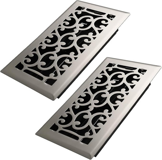 4x8 Inches 2 Pack Heavy Duty Walkable Floor Register - Easy Adjust Air Supply Lever Decorative Floor Vent Covers, Savannah Design Vent Covers for Home - Satin Nickel
