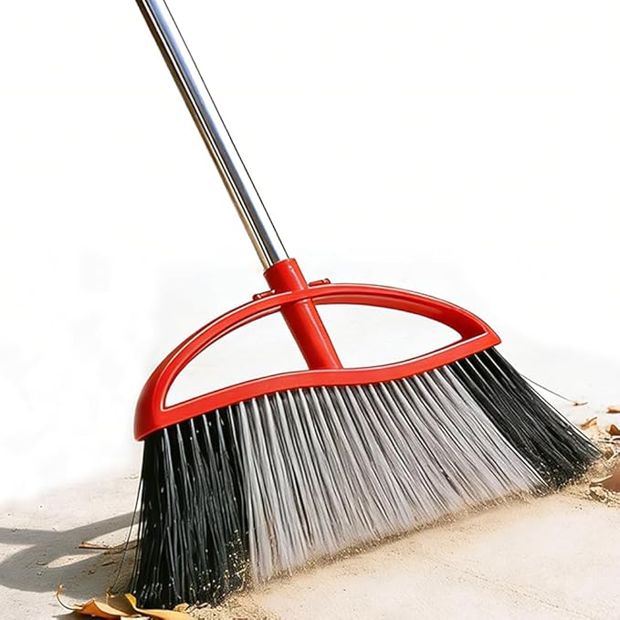 Heavy Duty Outdooor Broom - 15.7" Wide Broom with Wide Angle Design, Long Handle & Powerful Stiff Bristles for Patio, Garden, Garage, Yard (Red)