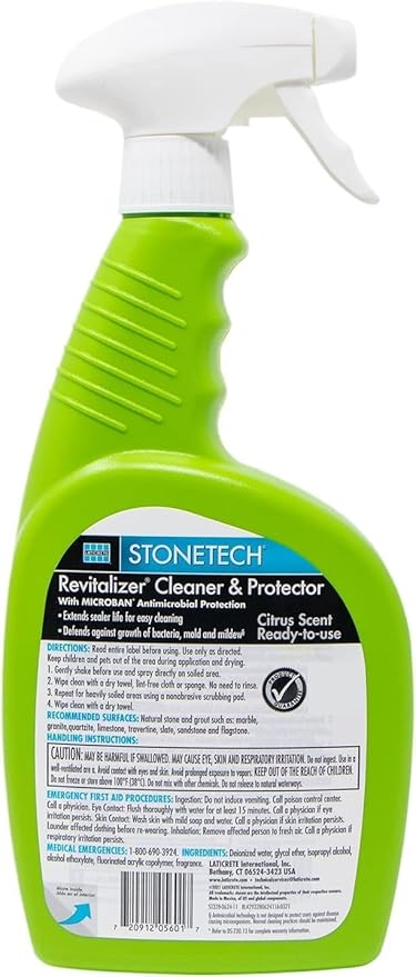 Stone Surface Cleaner Spray for Stonetech Revitalizer Cleaner and Protector, 3‑in‑1 Ready to Use Spring Rain Bottle for Granite & Marble, Reseals & Refreshes Natural Stone Countertops & Tiles, 24 oz