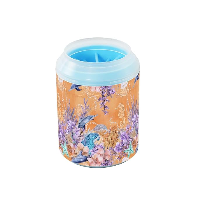 Dog Paw Cleaner Cups for Dogs Pets Foot Washer Paw Scrubber for Medium Small Cats Dogs Cute Cleaning Cup Orange Dolphins Flowers Coral Waves