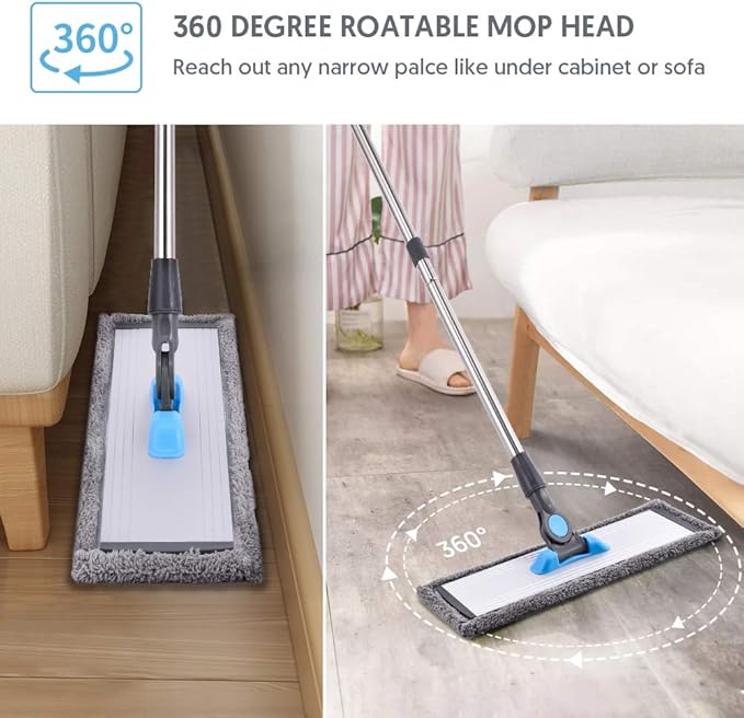 MANGOTIME Microfiber Dust Mop for Hardwood Floors - Dry Floor Cleaning for Wood, Tile, Vinyl, Laminate - Wet Flat Mop With 4 Washable Reusable Pads and Aluminum Head