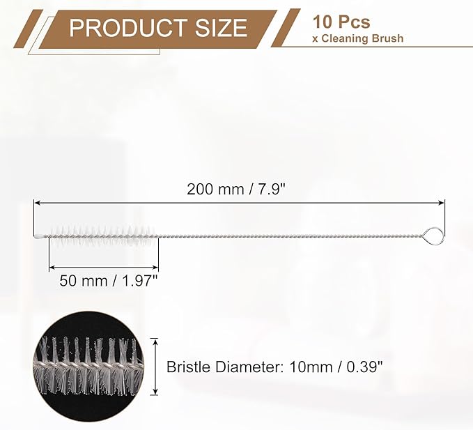 HARFINGTON Straw Cleaner Brush Set, 8 Inch Length 304 Stainless Steel and Nylon Bristles for Water Bottle Silicone Straw Sippy Cup Pipes, White (10mm OD, 10-Piece-Set)