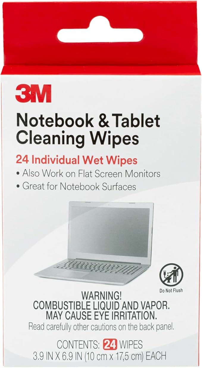 3M Notebook Screen Cleaning Wipes, 3.9 x 6.9 Inches (CL630), White, 24 individual wet wipes (Packaging may vary)
