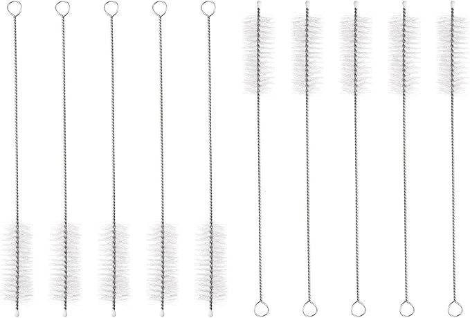 HARFINGTON Straw Cleaner Brush Set, 8 Inch Length 304 Stainless Steel and Nylon Bristles for Water Bottle Silicone Straw Sippy Cup Pipes, White (20mm OD, 10-Piece-Set)