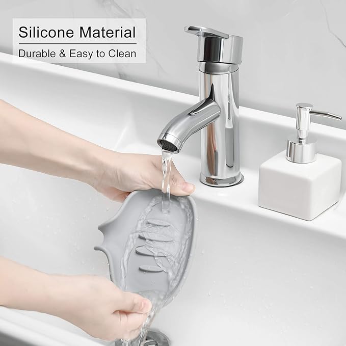 SUBEKYU Silicone Soap Dish for Bathroom,Bar Soap Holder for Shower with Draining Tray, Waterfall Soap Tray for Kitchen Sink, Set of 2 (White + Gray(Style 1))