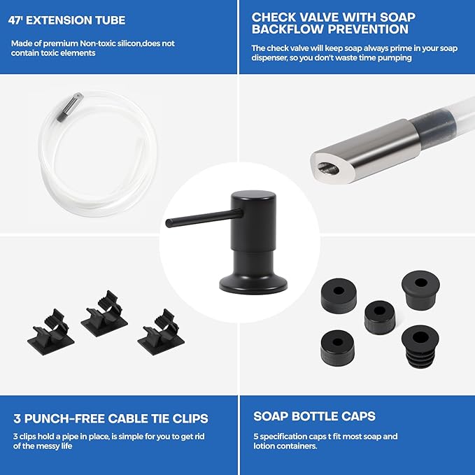 Soap Dispenser for Kitchen Sink, Matte Black Built in Soap Dispensers, Stainless Steel Sink Soap Dispenser or Lotion Dispenser Pump with 47" Extension Tube Kit, Upgraded Metal Check Valve
