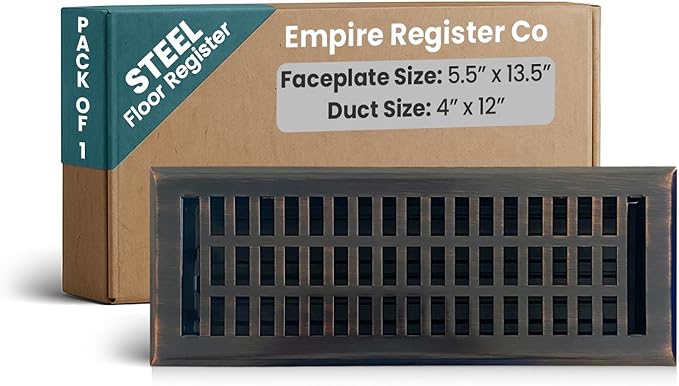 Empire Register Co, Vent Cover - 4x12 inch, Modern Contemporary Design, Oil Rubbed Bronze Finish, Heavy Duty Floor Vent Covers, Metal Damper Attached Vent Covers for Home Floor only
