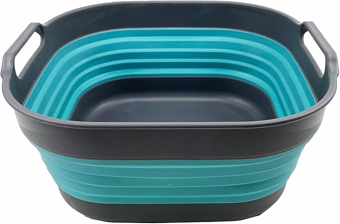SAMMART 10L (2.64) Collapsible Plastic Dishpan - Foldable Washing Basin - Portable Dish Washing Tub - Space Saving Kitchen Storage Tray (Grey/Crystal Blue)