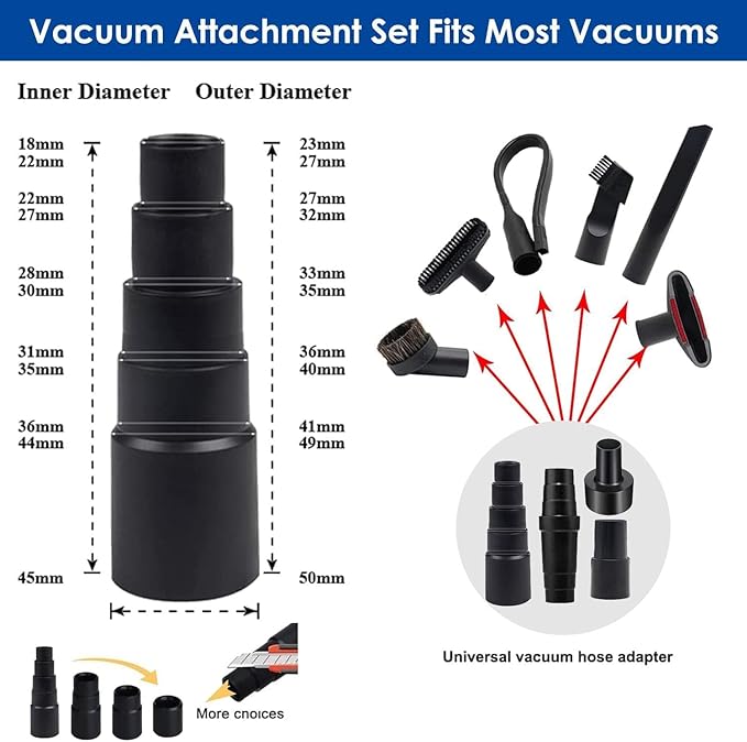 10 PCS Universal Vacuum Attachments & Brushes Kit for Shop Vac Accessories & Household Cleaning, 1-1/4" Vacuum Accessories with 4 Vacuum Hose Adapters & Flexible Crevice Tool