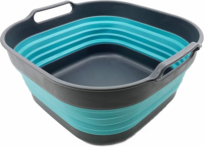 SAMMART 10L (2.64 gallon) Collapsible Dishpan - Foldable Washing Basin - Portable Dish Washing Tub - Space Saving Kitchen Storage Tray (Alloy Grey + Crystal Blue)