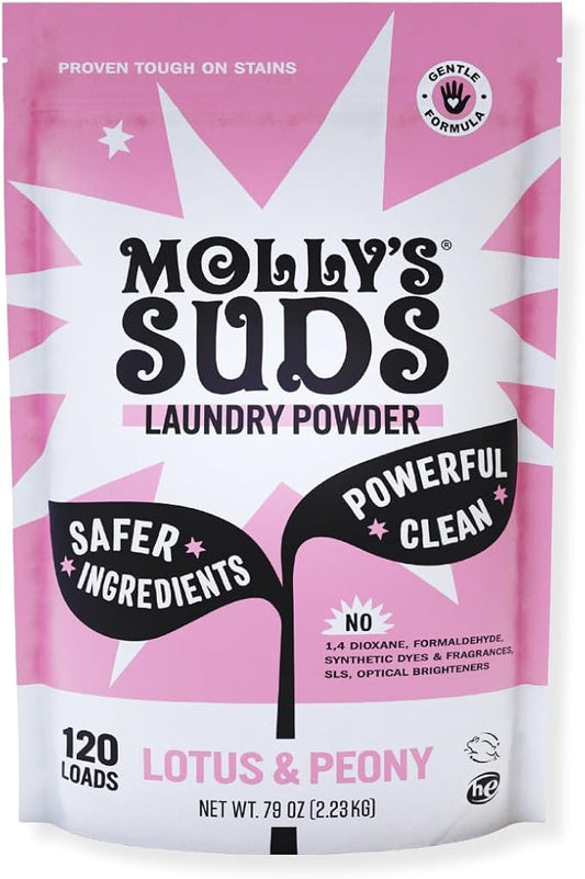 Molly's Suds Original Laundry Detergent Powder | Clean Laundry Detergent Powder for Sensitive Skin | Simple, Effective Ingredients, Stain Fighting | 120 Loads (Lotus & Peony)