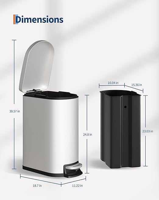 Garvee 13 gal / 50 L Metal Kitchen Trash Can with Lid, Slim Rustproof Garbage Can, Large Step-on Trash Bin with Inner Bucket, Rear Handle, Soft Close Lid, White