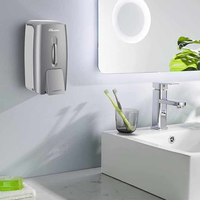Soap Dispenser Wall Mount Adhesive Commercial Soap Dispenser 800ml No Drill Hand Sanitizer Dispenser for Bathroom Support Liquid and Gel,Silver-PN9088