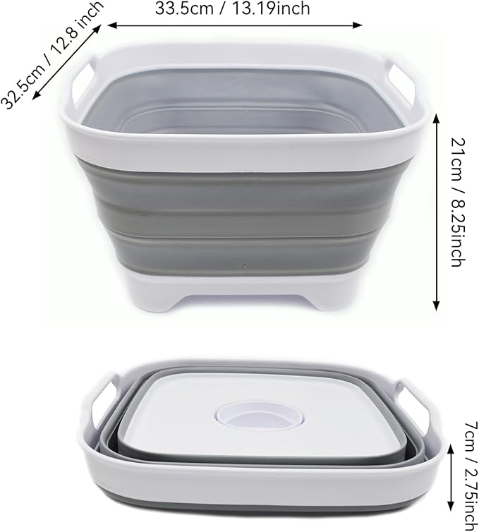 SAMMART 10L (2.64 gallon) Collapsible Dishpan with Draining Plug - Foldable Washing Basin - Portable Dish Washing Tub - Space Saving Kitchen Storage Tray (2, White/Grey)