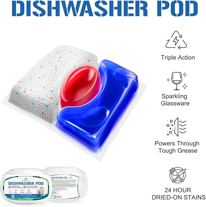 Dishwasher Pods 30 Count, Scrubbing Power, No Pre-Rinse Dishwasher Detergent Soap Removes Burnt-On Stain