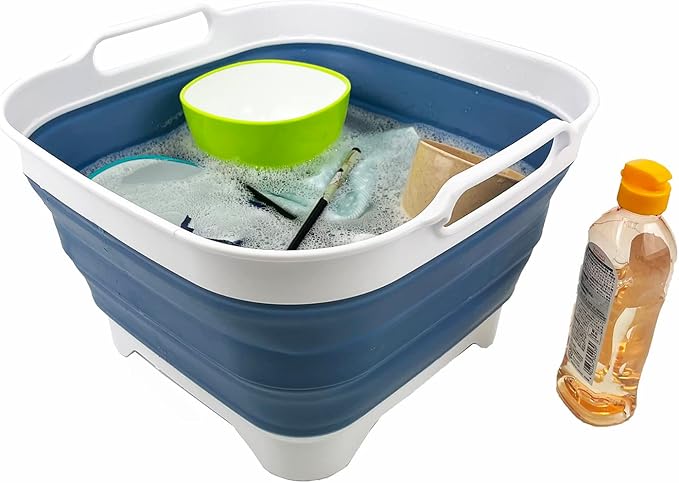 SAMMART 10L (2.64 Gallon) Collapsible Dishpan with Draining Plug - Foldable Washing Basin - Portable Dish Washing Tub - Space Saving Kitchen Storage Tray (White/Metalic Blue)