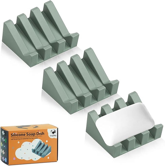 Self Draining Soap Dish Holder,Silicone Soap Dish,for Bathroom,Kitchen, Sponges，Can Extend Soap Life，Keep Soap Bars Dry and Easy Cleaning (Green,3-Pack)