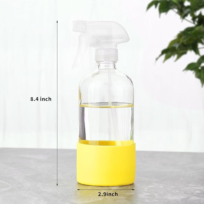 Glass Spray Bottles (2-Pack) with Silicone Sleeve - 16oz Empty Refillable Bottles - Adjustable Nozzle for Hair, Plants, Cleaning & DIY Solutions - Blue & Grey (yellow + mint green)