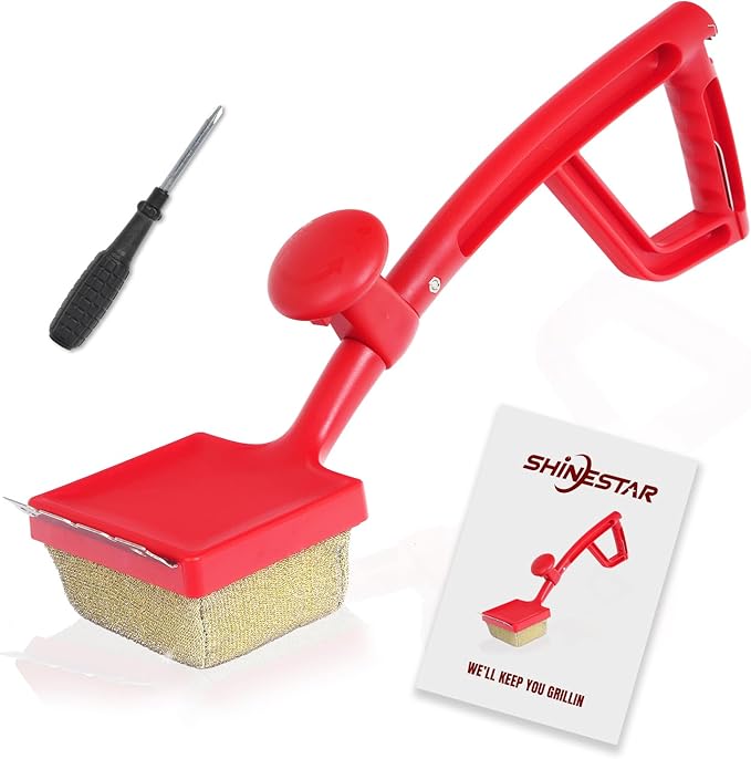 SHINESTAR Steam Grill Brush Bristle Free - Replaceable Cleaning Head with Unique Seamless-Fit Scraper, Durable Safe BBQ Cleaner for Cast Iron, Stainless-Steel & Various Grill Grate Types-Red