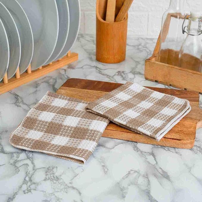 Blue Needles Waffle Weave Check Plaid Dish Cloths, 12x12 Inches 100% Cotton Set of 8 Dish Towels for Kitchen, Ultra Soft & Absorbent Kitchen Towels for Quick Drying Spring Summer - Beige & White