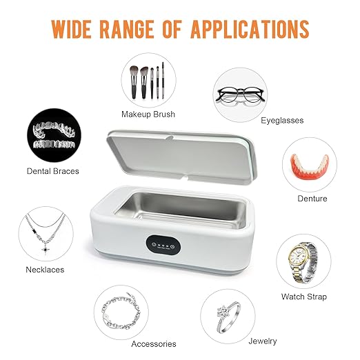 MTWML Ultrasonic Glasses Cleaning Machine,49Khz 22Oz Jewelry Clean Machine with 3 Modes Timer for Ring Earring Dentures Necklaces Watch Strap Keycap Earrings 304 Stainless Steel Tank(640ML)