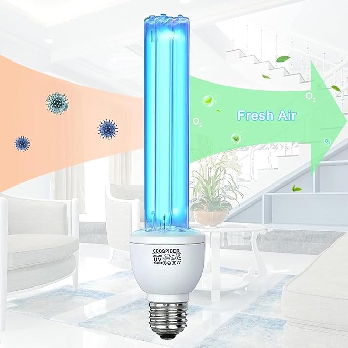 25 Watts UVC Light Bulb with Ozone, UV Light for Bedroom/Bathroom/Closet/Kitchen, 185nm Wavelength Covers up to 400sq.ft, E26 Base 110V CTUV-25