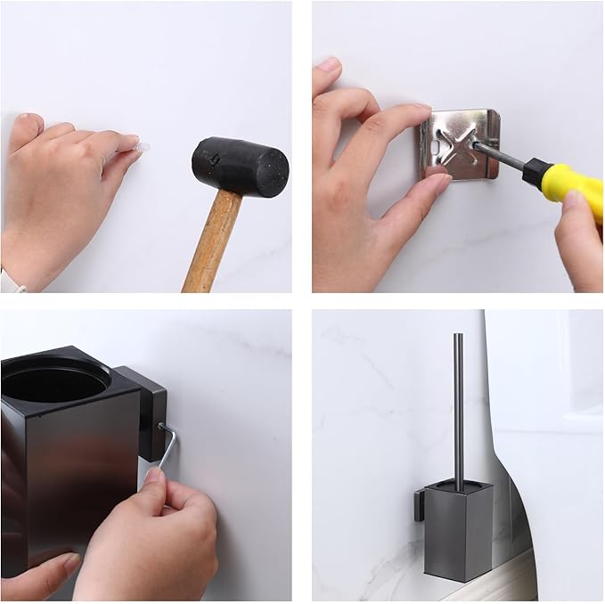 Toilet Bowl Brush and Holder Square,Stainless Steel Square Wall Mounted Toilet Bowl Brush with Lid,Cleaning Toilet Brush Set for Bathroom, Brushed Silver