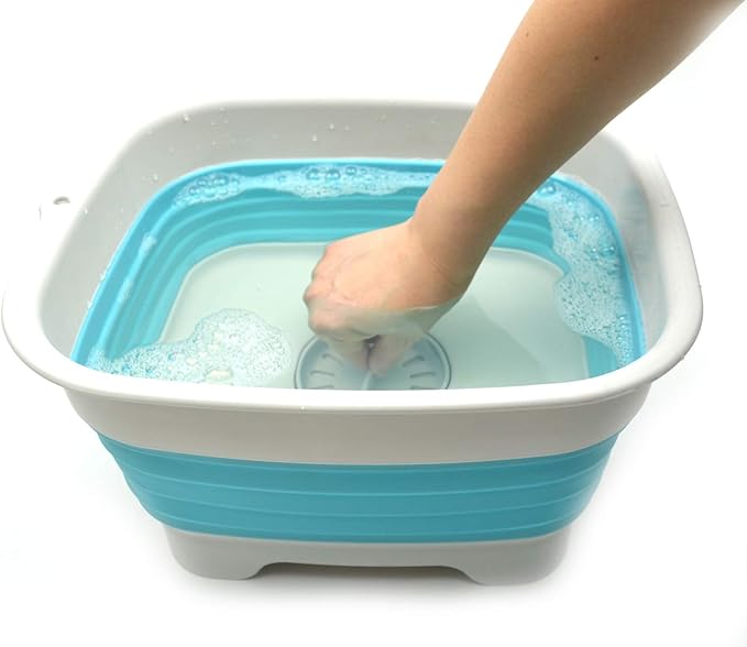 SAMMART 9.1L (2.4Gallon) Collapsible Dishpan with Draining Plug - Foldable Washing Basin - Portable Dish Washing Tub - Space Saving Kitchen Storage Tray (1, Grey/Brigt Blue)