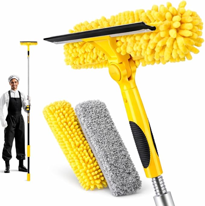 150'' Long Reach Window Squeegee with Telescoping Extension Pole, 2-in-1 Indoor/Outdoor Cleaning Tool with 270° Rotatable Head, Lightweight Alloy Aluminum Pole for Shower Door, Mirror, Car Windshield