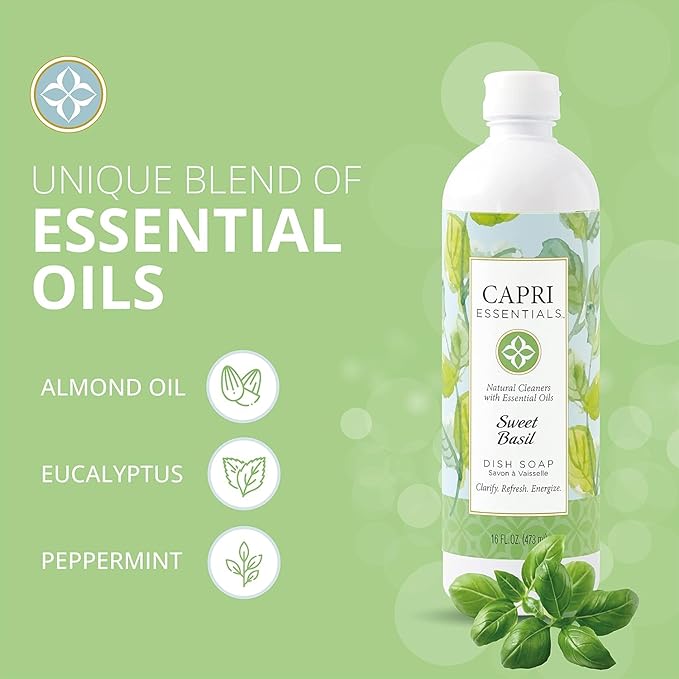 CAPRI ESSENTIALS Dish Soap Liquid, Natural Household Cleaning, Plant Based Aromatic Dish Detergent, Blend of Essential Oils with Almond Oil, Eucalyptus & Peppermint, Sweet Basil, 16 FL Oz (6 Pack)
