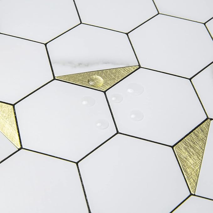 DICOFUN 1 Hexagon Tile Peel and Stick Backsplash, White Marble Look PVC Mixed Golden Metal Mosaic Tiles