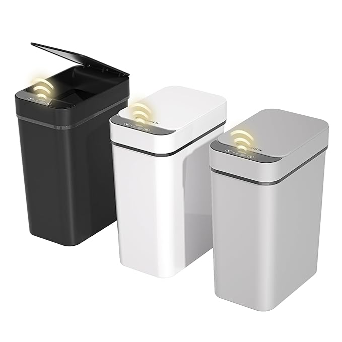 3 Pack Bathroom Trash Can 2.6 Gallon Small Touchless Automatic Motion Sensor Trash Cans Slim Waterproof Garbage Bin with Lid for Kitchen, Office, Bedroom Black White Grey