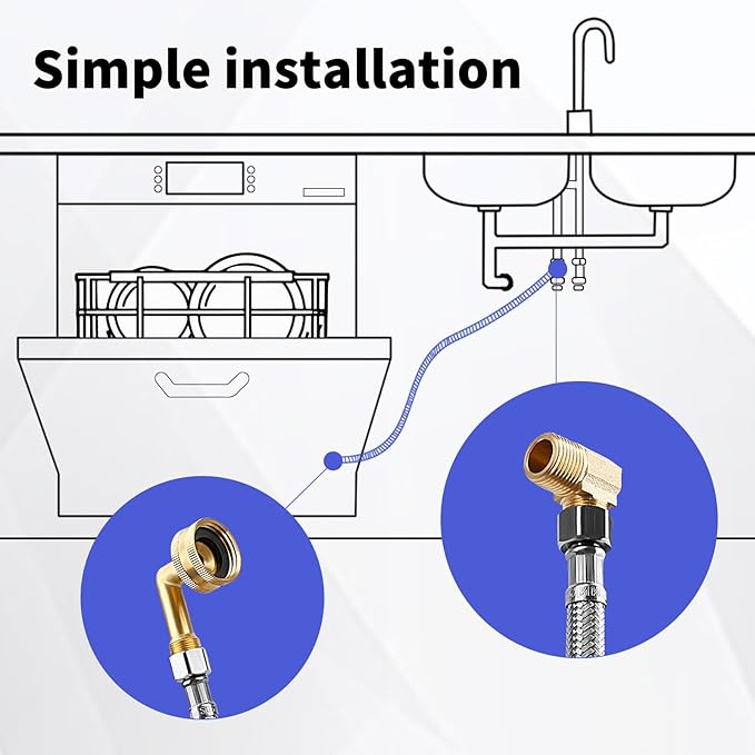 Dishwasher Installation Kit, Braided Stainless Steel Dishwasher Connector, 10 FT Water Supply Line with 3/8 Inch Compression Ends, 3/8 Inch MIP Elbow and 3/4 Inch FHT Elbow, Short Distance Connection
