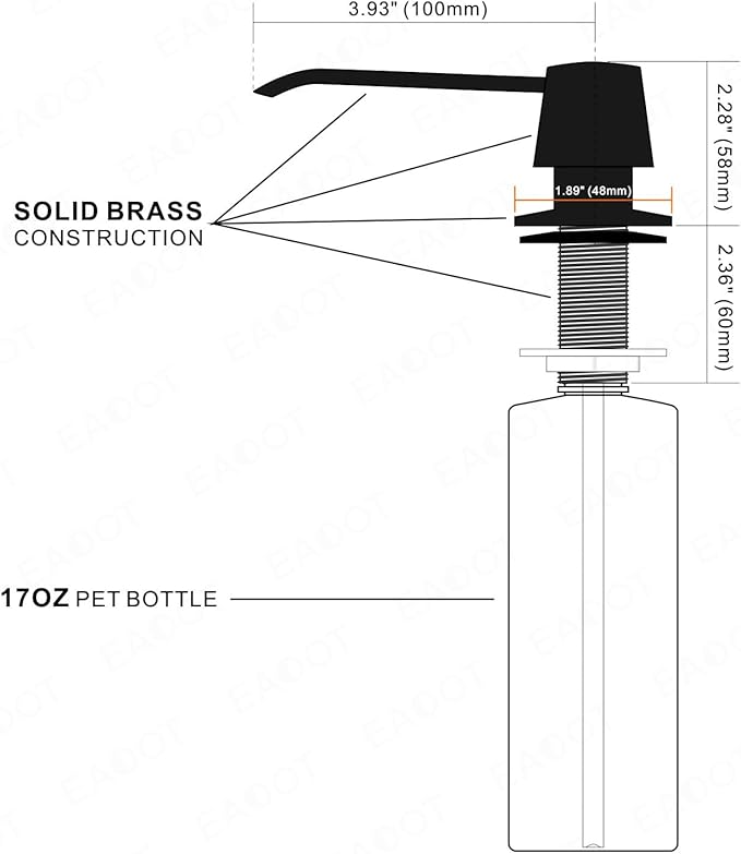 Matte Black Brass Soap Dispenser for Kitchen Sink Countertop Built in Brass Pump Head Sink Soap Dispenser Refill from The Top with Long Nozzle