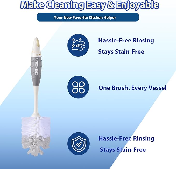 Baby Bottle Brush Set, Long Handle Durable Sponge & Nipple Brush, BPA-Free for Cleaning Sippy Cups, Straws, Small Narrow Baby Bottles and Pacifiers，Grey