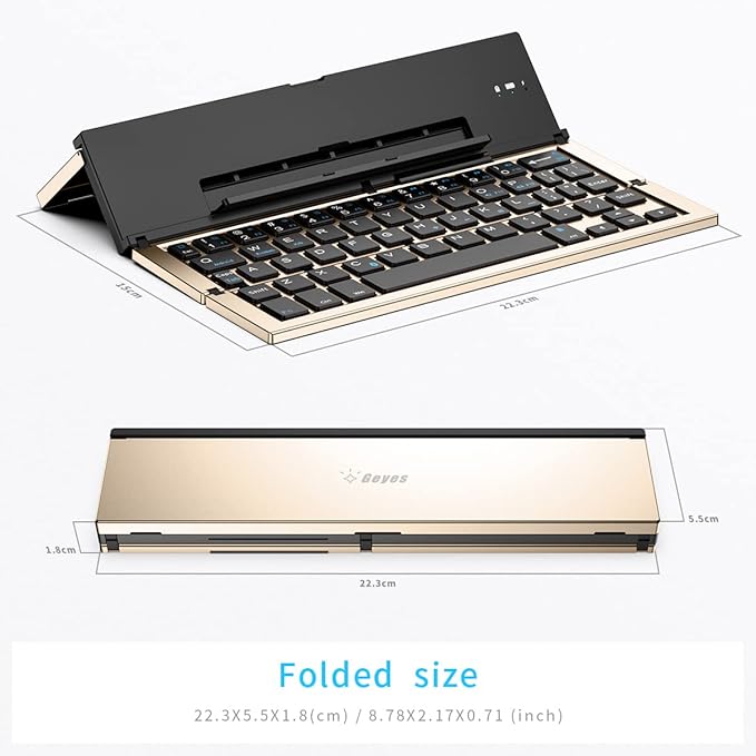 Geyes Folding Bluetooth Keyboard, Wireless Foldable Keyboard with Portable Pocket Size, Aluminum Alloy Housing, Carrying Pouch, for iPad, iPhone, and More Tablets, and Smartphones(Gold)