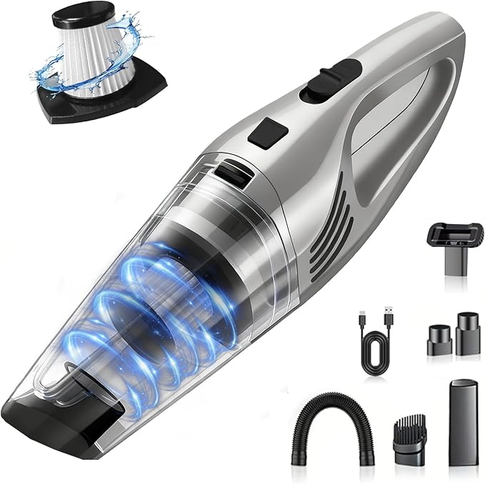 Car Vacuum Portable Cordless – 9000PA Strong Suction, Lightweight & Rechargeable – Includes Multi-Nozzle Attachments for Car, Home, Office, and Pet Hair – Compact & Powerful Grey Vacuum