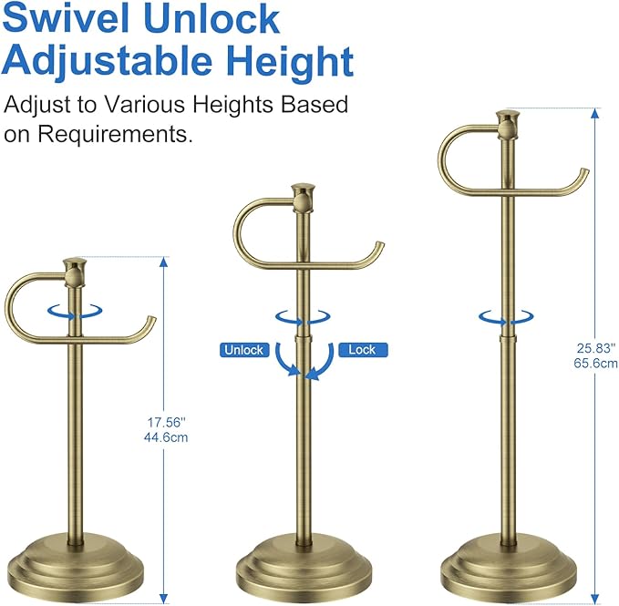 RUMOSE Toilet Paper Holder Stand for Floor, Antique Brass Bathroom Free Standing Toilet Tissue Roll Holder with Storage, Adjustable 17-25 Inch, SUS304 Stainless Steel