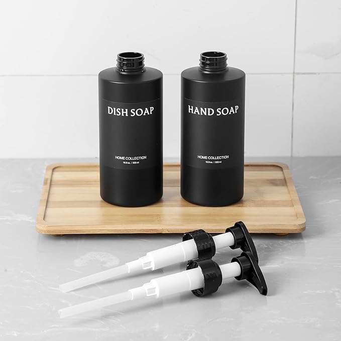 Hand Soap Dispenser Plastic Pump Bottles with Waterproof Label for Bathroom Kitchen, Empty Refillable Liquid Container, 16 oz Black 2 Pack