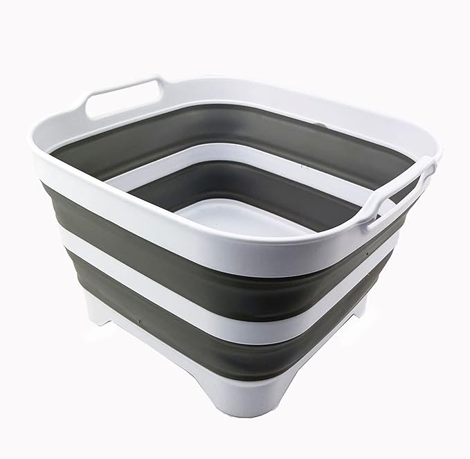 SAMMART 10L (2.64 Gallon) Collapsible Dishpan with Draining Plug - Foldable Washing Basin - Portable Dish Washing Tub - Space Saving Kitchen Storage Tray (White/Grey/White)