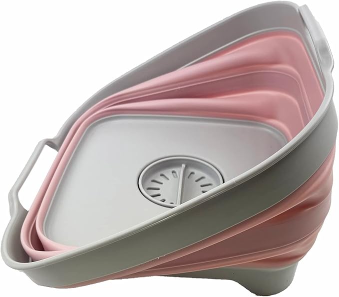 SAMMART 10L (2.64 Gallon) Collapsible Dishpan with Draining Plug - Foldable Washing Basin - Portable Dish Washing Tub - Space Saving Kitchen Storage Tray (Grey/Pale Pink)